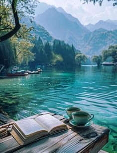 an open book sitting on top of a wooden table next to a lake filled with boats