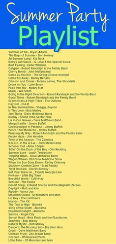 a poster with the words summer party playlist written in blue and yellow on it