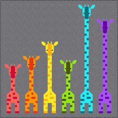 a group of giraffes standing next to each other on a gray background