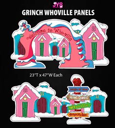 the grinch whoville panels are designed to look like they have pink houses with green doors