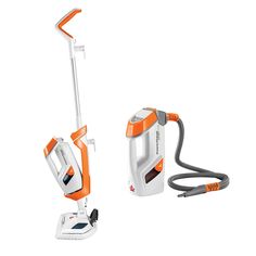 an orange and white steam iron next to it's corded attachment on a white background