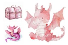 a watercolor drawing of a pink dragon next to a chest box and an illustration of a baby dragon