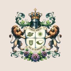 a coat of arms with two lions and a crown on it, surrounded by flowers