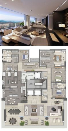 the floor plan for this modern apartment is very large and has lots of furniture in it