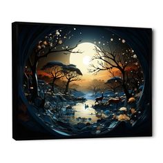 a painting on the wall of a forest with deers and trees at night in front of a full moon