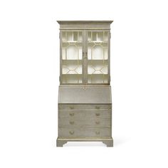 an old dresser with glass doors and drawers on it's sides, against a white background