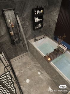 a bathroom with a bathtub, shower head and shelves on the wall next to it