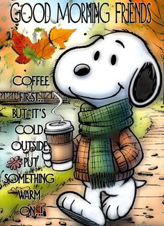 a cartoon snoopy holding a cup of coffee and looking at the camera with autumn leaves in the background