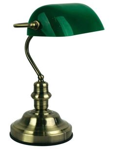 a green table lamp with a metal base and an adjustable arm, on a white background