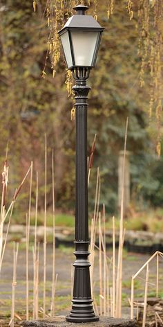 a lamp post sitting in the middle of a park next to tall grass and trees