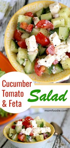 cucumber tomato and feta salad in a yellow bowl