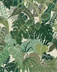 a green and white wallpaper with lots of leaves