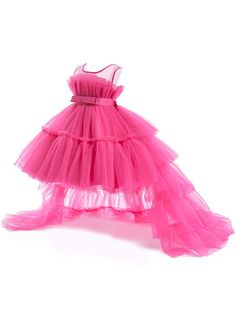 Girls' Elegant Bow Mesh Tulle Tailing Ball Gown Dress, Suitable For Birthday Party, Formal Occasions, Not Including Hairpiece Hot Pink Party  Sleeveless Mesh Fabric Plain Fit and Flare Non-Stretch All Young Girls Clothing, size features are:Bust: ,Length: ,Sleeve Length: Pink Dresses For Kids, Dress With Detachable Train, Puffy Tulle Skirt, Barbie Pink Dress, Tule Rok, Mesh Gown, Baby Party Dress, Girl Dress Pattern, Detachable Train