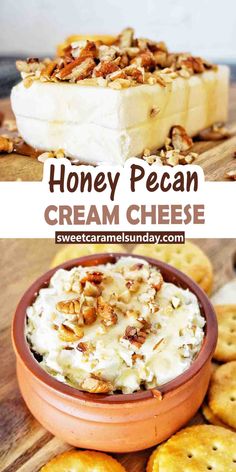 honey pecan cream cheese in a bowl with crackers around it and on the side