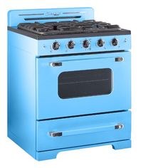 a blue stove with two burners and one oven door is shown in front of a white background