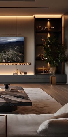 a living room with a large flat screen tv on the wall