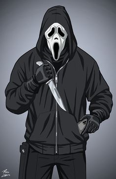 a person in a hooded jacket holding a knife and wearing a mask with its mouth open