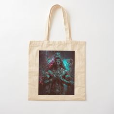 a tote bag with an image of a man holding a demon in his hands