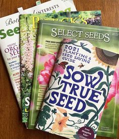 four seed catalogs sitting on top of a wooden table next to eachother