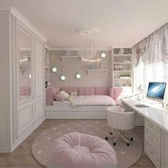 a bedroom with pink furniture and white walls