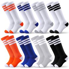 PRICES MAY VARY. A Bundle of Joy: you will receive 8 pairs of kids knee high stripe socks in different styles, giving your kids 8 different choices every day; Crafted from quality cotton, these socks are not just reliable, but they're also a treat for the eyes with their vibrant colors Sizing That Speaks Ideal Comfort: our kids stripe socks with about 8.27 inches/ 21cm in tube length and 5.51 inches/ 14cm in sock sole length, our knee high socks toddlers are an immaculate fit for children aged 4 Toddler Socker Socks, Toddler Soccer, Striped Tube Socks, Striped Knee High Socks, Stripe Socks, Soccer Socks, Basketball Socks, Toddler Socks, Football Uniforms