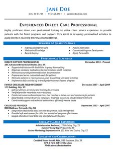 a professional resume for an experienced direct care worker, with no experience on the job