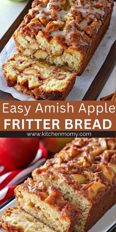 an apple bread with cinnamon glaze is cut into slices