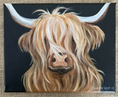 a painting of a long haired cow with horns