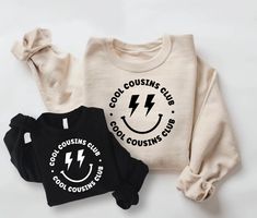 Cool Cousins Club Sweatshirts. Cousin Crew Sweatshirts available in Toddler, Youth and Adult sizes.  *Sweatshirts sold individually so you pick different colors for each cousin* (For both sweatshirts, add 2 items to your cart) ♡ HOW TO ORDER: 1. Select Size and Sweatshirt Color using the drop down menu. 2. Click Add to Cart. Repeat for each sweatshirt. 3. Once all items are added, click the cart to checkout completed order. SWEATSHIRT DETAILS: - Toddler size are Rabbit Skins Brand - Youth & Adul Cousin Gift Ideas, Cousin Crew Shirts, Cousin Shirts, Gender Neutral Colors, Cousin Gifts, Cousin Crew, Sweatshirt Details, Club Sweatshirts, Sorority Shirts