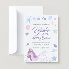 an under the sea birthday party card with mermaids and starfishes on it