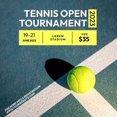 a tennis ball sitting on top of a tennis court with the words tennis open tournament