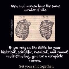 an old book page with two images of the same human body and text that reads, men and women have the same number of ribs