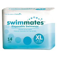 Swimmates provide dignity, confidence and discretion when in aqua therapy sessions and other pool settings. The disposable swimwear is worn under a bathing suit to provide containment for bowel incontinence. The blue, moisture-proof barrier and Kufguards (inner leg cuffs) help contain bowel incontinence, keeping the pool and bathing suit clean. The product is designed to have minimal swelling and does not break apart. Tear-away side seams are used for easy removal and disposal. • Swimmates dispo Aqua Therapy, Ostomy Care, Small Case, Adult Swim, Swim Brief, Pull Up, Latex Free, Pull Ups, Medical Supplies