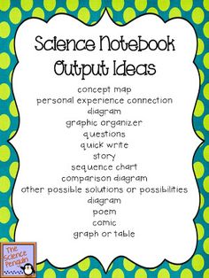 a blue and green polka dot notebook with the words science notebook output ideas on it