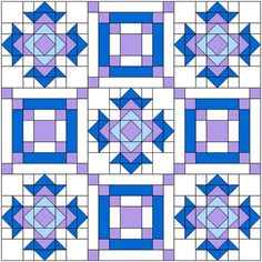 a blue and white quilt pattern with squares on the bottom, one in the middle