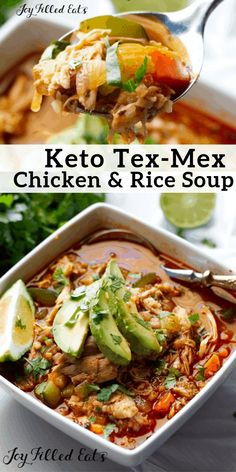 keto tex - mex chicken and rice soup with avocado