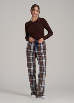 About Our Women’s Tall Flannel Pajamas You’ll never want to get out of bed when you’re wearing these women’s tall pajama pants. For years, tall women have had to settle for PJs that are way too short and fit in all the wrong places, but not anymore. You loved our classic flannel PJs and now we’re bringing you a pair with a regular fit and an open-bottom leg with all the length you need. These pajama pants have been designed exclusively for women between 5’9” and 6’6” with two different length op Blue Full-length Sleepwear For Loungewear, Women Flannel Outfit, Plaid Pjs, Flannel Pj Pants, Pajamas Aesthetic, Flannel Pjs, Scrubs Dress, Athleisure Summer, Cozy Sleepwear