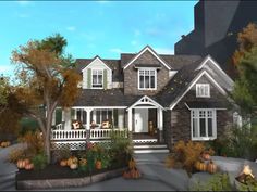 this is an artist's rendering of a house with pumpkins in the front yard