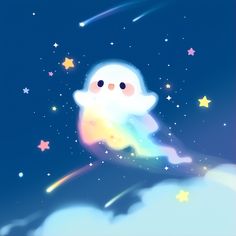 a cartoon character flying through the air with stars in the night sky behind him,