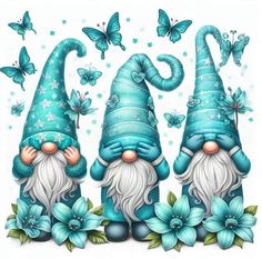 three gnomes with blue hats and butterflies