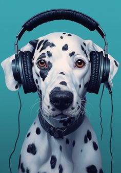 A stylish Dalmatian wearing headphones poses against a serene blue background, exuding elegance and a love for music with a captivating charm. Dog Headphones, Dalmatian Illustration, Art Of Nature, Blue Backdrop, Dalmatian Puppy, About Animals, Blue Backdrops, Animals Art