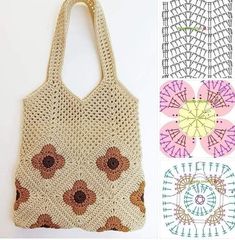 a crocheted bag with flowers on it next to the pattern and instructions for how to sew