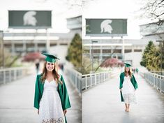 a woman in a graduation gown and cap walking across a bridge