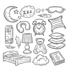 black and white hand drawn doodle set of bedroom items