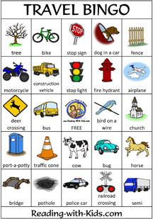 an image of a travel bingo game with cars, trucks and other things to play