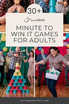 people playing games in front of a party with the words 30 fun minute to win it games for adults