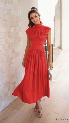 Lasaky - Sweet and Stylish Stand Collar Macaron-colored Low-waist Maxi Dress Red Solid Color Maxi Dress For Spring, Red Solid Color Spring Maxi Dress, Spring Red Solid Color Maxi Dress, Cropped Outfits, Elegant Casual Dress, Long Summer Dresses Maxi, Elegant Maxi Dress, Beach Maxi Dress, Midi Dress Summer