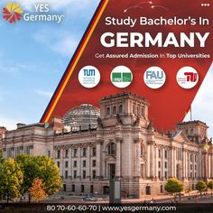 an advertisement for the study bachelor's in germany with images of buildings and trees