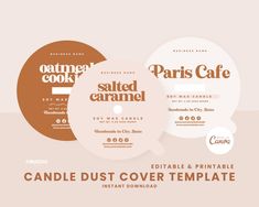 three circular labels with the words paris cafe, salted caramel and edible cover template