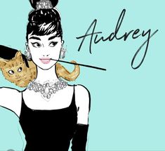 a woman with a cat on her shoulder and the words audley above her head